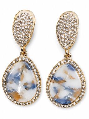 Blue Marble Resin Drop Earrings | Gold Rhinestone Trim | Statement Jewelry